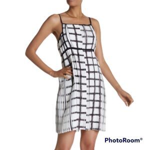 Max Studio white black Pleated Windowpane Crepe spaghetti strap flowy dress